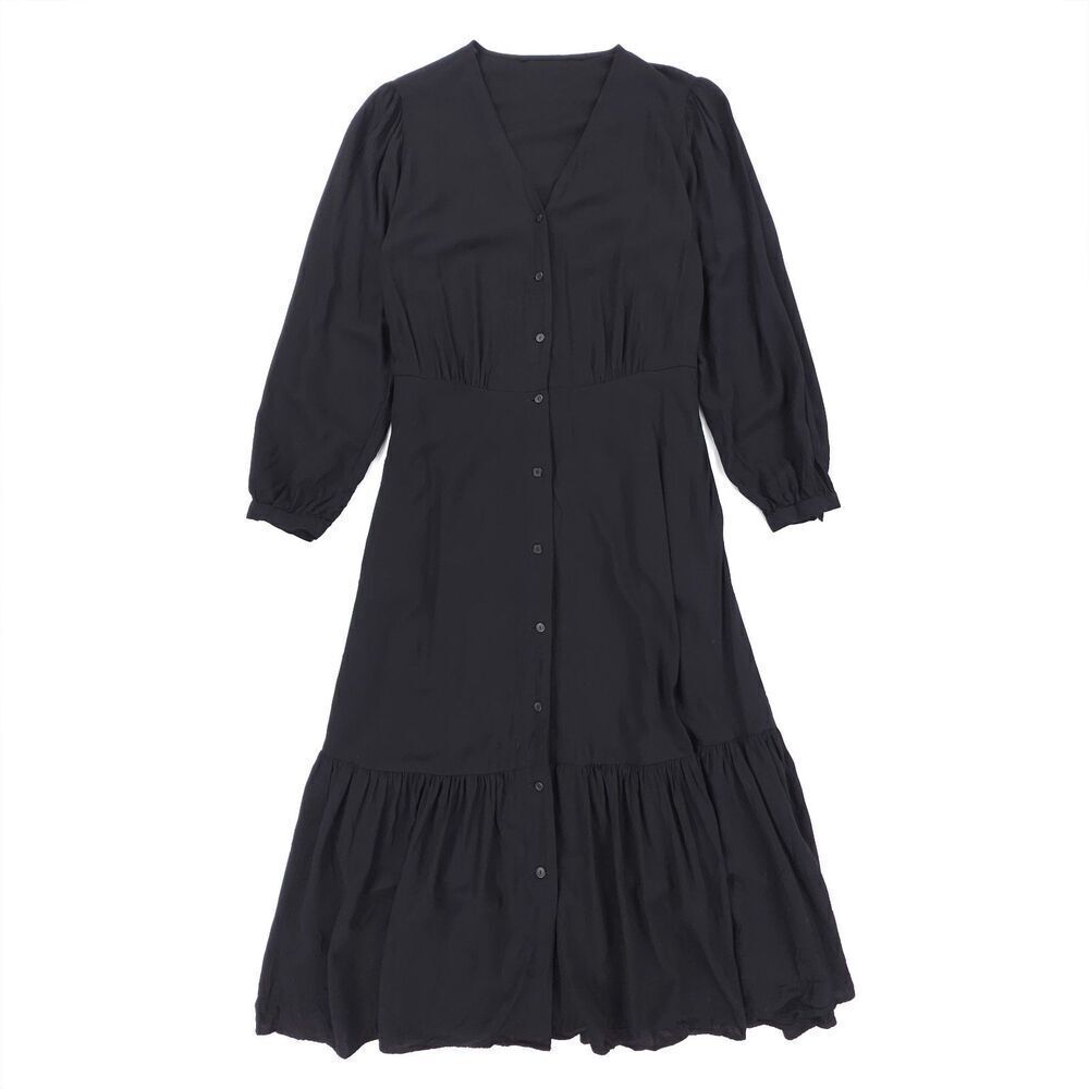 UNIQLO V-Neck 3/4-Sleeve Flare Dress Midi Button Down Minimal Cottagecore Boho